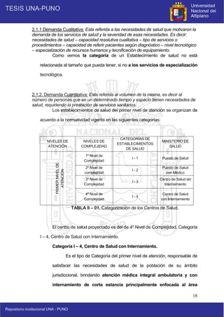 18
2.1.1 Demanda Cualitativa: Esta referida a las necesidades de salud que motivaron la
demanda de los servicios de salud y la severidad de esas necesidades. Es decir:
necesidades de salud – capacidad resolutiva cualitativa – tipo de servicios o
procedimientos – capacidad de referir pacientes según diagnóstico – nivel tecnológico
– especialización de recursos humanos y tecnificación de equipamiento.
Como vemos la categoría de un Establecimiento de salud no está
relacionada al tamaño que pueda tener, si no a los servicios de especialización
tecnológica.
2.1.2. Demanda Cuantitativa: Esta referida al volumen de la misma, es decir al
número de personas que en un determinado tiempo y espacio tienen necesidades de
salud, requiriendo la prestación de servicios sanitarios.
Los establecimientos de salud del primer nivel de atención se organizan de
acuerdo a la normatividad vigente en las siguientes categorías:
NIVELES DE
ATENCIÓN
NIVELES DE
COMPLEJIDAD
CATEGORÍAS DE
ESTABLECIMIENTOS
DE SALUD
MINISTERIO DE
SALUD
PRIMER
NIVEL
DE
ATENCIÓN
1º Nivel de
Complejidad
I - 1 Puesto de Salud
2º Nivel de
complejidad
I - 2
Puesto de Salud
con Médico
3º Nivel de
Complejidad
I - 3
Centro de Salud sin
Internamiento
4º Nivel de
Complejidad
I - 4
Centro de Salud
con Internamiento
TABLA II – 01. Categorización de los Centros de Salud.
El centro de salud proyectado es del de 4º Nivel de Complejidad, Categoría
I – 4, Centro de Salud con Internamiento.
Categoría I – 4, Centro de Salud con Internamiento.
Es el tipo de Categoría del primer nivel de atención, responsable de
satisfacer las necesidades de salud de la población de su ámbito
jurisdiccional, brindando atención médica integral ambulatoria y con
internamiento de corta estancia principalmente enfocada al área
 