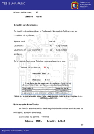 37
Número de Raciones: 30
Dotación 720 lts
Dotación para lavanderías:
En función a lo establecido en el Reglamento Nacional de Edificaciones se
considera los siguientes:
Tipo de local Dotación
Lavandería 40 L/kg de ropa 1
Lavandería en seco, tintorerías y 30 L/kg de ropa
similares.
En el caso de Centros de Salud se considera lavandería sola.
Cantidad de kg. de ropa. 50 Kg
Dotación 2000 Lts
Dotación 2 m3
TABLA III – 04. DOTACIÓN DE AGUA PARA LAVANDERÍAS. FUENTE: R.N.E. NORMA IS.010
- DOTACIÓN AGUA FRIA.
Dotación pata Áreas Verdes:
En función a lo establecido en el Reglamento Nacional de Edificaciones se
considera 2 lts/m2 de área verde.
Cantidad de m2 por m2: 1080 m2
Dotación: 2160 L Dotación: 2.16 m3
 