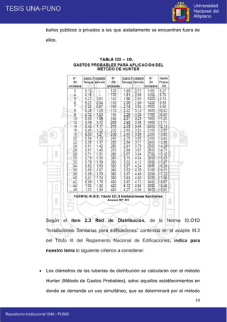 59
baños públicos o privados a los que aisladamente se encuentran fuera de
ellos.
Según el ítem 2.3 Red de Distribución, de la Norma IS.O1O
“Instalaciones Sanitarias para edificaciones” contenida en el acápite III.3
del Título III del Reglamento Nacional de Edificaciones, indica para
nuestro tema lo siguiente criterios a considerar:
 Los diámetros de las tuberías de distribución se calcularán con el método
Hunter (Método de Gastos Probables), salvo aquellos establecimientos en
donde se demande un uso simultáneo, que se determinará por el método
FUENTE: R.N.E. Titulo III.3 Instalaciones Sanitarias
Anexo Nº 03
TABLA III – 10.
 