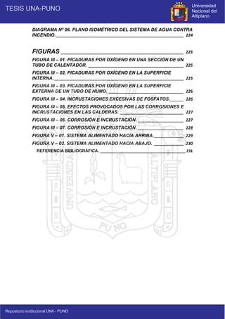 9
DIAGRAMA Nº 06. PLANO ISOMÉTRICO DEL SISTEMA DE AGUA CONTRA
INCENDIO. ________________________________________________________ 224
FIGURAS ______________________________________________________ 225
FIGURA III – 01. PICADURAS POR OXÍGENO EN UNA SECCIÓN DE UN
TUBO DE CALENTADOR. __________________________________________ 225
FIGURA III – 02. PICADURAS POR OXÍGENO EN LA SUPERFICIE
INTERNA. _________________________________________________________ 225
FIGURA III – 03. PICADURAS POR OXÍGENO EN LA SUPERFICIE
EXTERNA DE UN TUBO DE HUMO. _________________________________ 226
FIGURA III – 04. INCRUSTACIONES EXCESIVAS DE FOSFATOS.______ 226
FIGURA III – 05. EFECTOS PROVOCADOS POR LAS CORROSIONES E
INCRUSTACIONES EN LAS CALDERAS. ____________________________ 227
FIGURA III – 06. CORROSIÓN E INCRUSTACIÓN. ____________________ 227
FIGURA III – 07. CORROSIÓN E INCRUSTACIÓN. ____________________ 228
FIGURA V – 01. SISTEMA ALIMENTADO HACIA ARRIBA._____________ 229
FIGURA V – 02. SISTEMA ALIMENTADO HACIA ABAJO. _____________ 230
REFERENCIA BIBLIOGRÁFICA. _________________________________________ 231
 