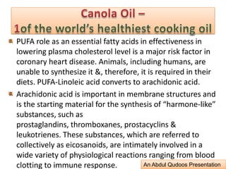 New cultivars were developed initially in Canada that eliminated these undesirable components (tabulated below), and in 1978 they were given the name Canola. The edible oil processed from the seeds of Canola cultivars is known in the Canadian trade as Canola Oil, but is sometimes referred to as LEAR (low-erucic-acid rapeseed) elsewhere.PRE  1970		High-erucic-acid rape	HEAR1970-mid 1980s	Low-erucic-acid rape	LEAR								Single zeroLate 1980s		Low-erucic			Double zero				Low glucosinolate		CanolaCanola Oil –1of the world’s healthiest cooking oilAn Abdul Qudoos Presentation