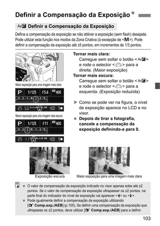 103
Defina a compensação da exposição se não obtiver a exposição (sem flash) desejada.
Pode utilizar esta função nos modos da Zona Criativa (à excepção de <a>). Pode
definir a compensação da exposição até ±5 pontos, em incrementos de 1/3 pontos.
Tornar mais clara:
Carregue sem soltar o botão <O>
e rode o selector <6> para a
direita. (Maior exposição)
Tornar mais escura:
Carregue sem soltar o botão <O>
e rode o selector <6> para a
esquerda. (Exposição reduzida)
Como se pode ver na figura, o nível
de exposição aparece no LCD e no
visor.
Depois de tirar a fotografia,
cancele a compensação da
exposição definindo-a para 0.
Definir a Compensação da ExposiçãoN
O Definir a Compensação da Exposição
Maior exposição para uma imagem mais clara
Menor exposição para uma imagem mais escura
O valor de compensação da exposição indicado no visor apenas sobe até ±2
pontos. Se o valor de compensação da exposição ultrapassar os ±2 pontos, na
parte final do indicador do nível de exposição vai aparecer <I> ou <J>.
Pode igualmente definir a compensação da exposição utilizando
[2 Comp.exp./AEB] (p.105). Se definir uma compensação da exposição que
ultrapasse os ±2 pontos, deve utilizar [2 Comp.exp./AEB] para a definir.
Exposição escura Maior exposição para uma imagem mais clara
 