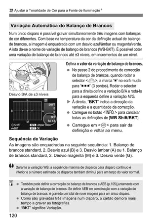 2 Ajustar a Tonalidade de Cor para a Fonte de IluminaçãoN
120
Num único disparo é possível gravar simultaneamente três imagens com balanços
de cor diferentes. Com base na temperatura da cor da definição actual de balanço
de brancos, a imagem é enquadrada com um desvio azul/âmbar ou magenta/verde.
A isto dá-se o nome de variação de balanço de brancos (WB-BKT). É possível obter
uma variação de balanço de brancos até ±3 níveis, em incrementos de um nível.
Defina o valor da variação de balanço de brancos.
No passo 2 do procedimento de correcção
de balanço de brancos, quando rodar o
selector <6>, a marca “ ” no ecrã muda
para “ ” (3 pontos). Rodar o selector
para a direita define a variação B/A e rodá-lo
para a esquerda define a variação M/G.
À direita, “BKT” indica a direcção da
variação e a quantidade da correcção.
Carregue no botão <C> para cancelar
todas as definições de [WB Shift/BKT].
Carregue em <0> para sair da
definição e voltar ao menu.
Sequência de Variação
As imagens são enquadradas na seguinte sequência: 1. Balanço de
brancos standard, 2. Desvio azul (B) e 3. Desvio âmbar (A) ou 1. Balanço
de brancos standard, 2. Desvio magenta (M) e 3. Desvio verde (G).
Variação Automática do Balanço de Brancos
Desvio B/A de ±3 níveis
Durante a variação WB, a sequência máxima de disparos para disparo contínuo é
inferior e o número estimado de disparos também diminui para um terço do valor normal.
Também pode definir a correcção de balanço de brancos e AEB (p.105) juntamente com
a variação de balanço de brancos. Se definir AEB em combinação com a variação de
balanço de brancos, é gravado um total de nove imagens para um único disparo.
Como são gravadas três imagens num disparo, o cartão demora mais
tempo a gravar as fotografias.
“BKT” significa Variação.
 