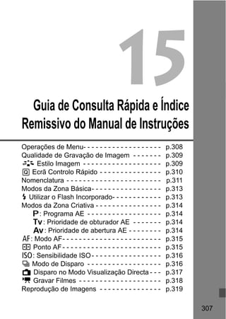307
15Guia de Consulta Rápida e Índice
Remissivo do Manual de Instruções
Operações de Menu- - - - - - - - - - - - - - - - - - - p.308
Qualidade de Gravação de Imagem - - - - - - - p.309
A Estilo Imagem - - - - - - - - - - - - - - - - - - - p.309
Q Ecrã Controlo Rápido - - - - - - - - - - - - - - - p.310
Nomenclatura - - - - - - - - - - - - - - - - - - - - - - - p.311
Modos da Zona Básica- - - - - - - - - - - - - - - - - p.313
D Utilizar o Flash Incorporado- - - - - - - - - - - - p.313
Modos da Zona Criativa - - - - - - - - - - - - - - - - p.314
d: Programa AE - - - - - - - - - - - - - - - - - - p.314
s: Prioridade de obturador AE - - - - - - - p.314
f: Prioridade de abertura AE - - - - - - - - p.314
E: Modo AF- - - - - - - - - - - - - - - - - - - - - - - - p.315
S Ponto AF- - - - - - - - - - - - - - - - - - - - - - - - p.315
Z: Sensibilidade ISO- - - - - - - - - - - - - - - - - p.316
i Modo de Disparo - - - - - - - - - - - - - - - - - - p.316
A Disparo no Modo Visualização Directa - - - p.317
k Gravar Filmes - - - - - - - - - - - - - - - - - - - - p.318
Reprodução de Imagens - - - - - - - - - - - - - - - p.319
 
