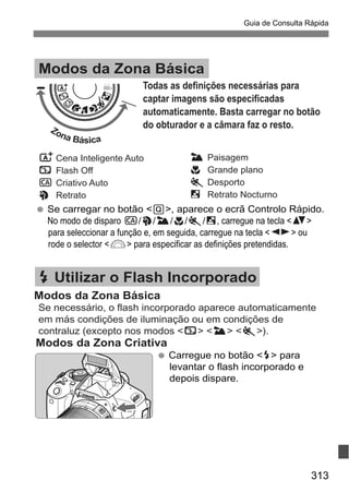 313
Guia de Consulta Rápida
Todas as definições necessárias para
captar imagens são especificadas
automaticamente. Basta carregar no botão
do obturador e a câmara faz o resto.
Modos da Zona Básica
Modos da Zona Básica
Se necessário, o flash incorporado aparece automaticamente
em más condições de iluminação ou em condições de
contraluz (excepto nos modos <7> <3> <5>).
D Utilizar o Flash Incorporado
Modos da Zona Criativa
Carregue no botão <D> para
levantar o flash incorporado e
depois dispare.
Zona Básica
Se carregar no botão <Q>, aparece o ecrã Controlo Rápido.
No modo de disparo C/2/3/4/5/6, carregue na tecla <V>
para seleccionar a função e, em seguida, carregue na tecla <U> ou
rode o selector <6> para especificar as definições pretendidas.
A Cena Inteligente Auto
7 Flash Off
C Criativo Auto
2 Retrato
3 Paisagem
4 Grande plano
5 Desporto
6 Retrato Nocturno
 