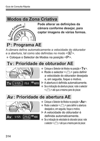 Guia de Consulta Rápida
314
Coloque o Selector de Modos na posição <d>.
Pode alterar as definições da
câmara conforme desejar, para
captar imagens de várias formas.
A câmara define automaticamente a velocidade do obturador
e a abertura, tal como são definidas no modo <A>.
Modos da Zona Criativa
d: Programa AE
Coloque o Selector de Modos na posição <s>.
Rode o selector <6> para definir
a velocidade do obturador desejada
e, em seguida, foque o motivo.
A abertura é definida automaticamente.
Se a indicação de abertura piscar, rode o selector
<6> até que a mesma pare de piscar.
Coloque o Selector de Modos na posição <f>.
Rode o selector <6> para definir a abertura
desejada e, em seguida, foque o motivo.
A velocidade do obturador é
definida automaticamente.
Se a indicação de velocidade do obturador piscar, rode
o selector <6> até que a mesma pare de piscar.
s: Prioridade de obturador AE
f: Prioridade de abertura AE
ZonaC
riativa
 