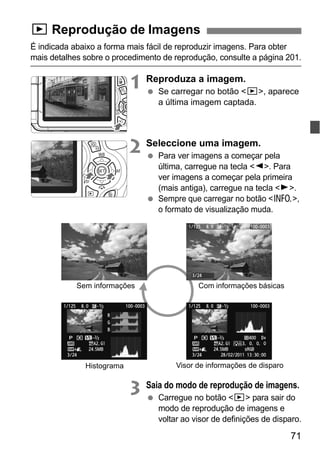 71
É indicada abaixo a forma mais fácil de reproduzir imagens. Para obter
mais detalhes sobre o procedimento de reprodução, consulte a página 201.
1 Reproduza a imagem.
Se carregar no botão <x>, aparece
a última imagem captada.
2 Seleccione uma imagem.
Para ver imagens a começar pela
última, carregue na tecla <Y>. Para
ver imagens a começar pela primeira
(mais antiga), carregue na tecla <Z>.
Sempre que carregar no botão <C>,
o formato de visualização muda.
3 Saia do modo de reprodução de imagens.
Carregue no botão <x> para sair do
modo de reprodução de imagens e
voltar ao visor de definições de disparo.
x Reprodução de Imagens
Sem informações
Histograma
Com informações básicas
Visor de informações de disparo
 