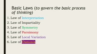 Basic Laws (to govern the basic process
of thinking)
1. Law of Interpretation
2. Law of Impartiality
3. Law of Symmetry
4. Law of Parsimony
5. Law of Local Variation
6. Law of Osmosis
 