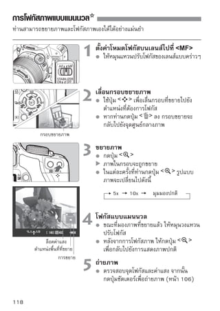 การโฟกัสภาพแบบแมนนวล



ข้อควรจำเกี่ยวกับภาพ Live View
   ภายใต้สภาวะของแสงน้อยหรือแสงจ้า การดูภาพแบบ Live View อาจไม่ได้สะท้อน
   ค่าความสว่างจริงของภาพที่ถูกบันทึกได้
   หากแหล่งแสงภายในภาพเปลี่ยน หน้าจออาจกะพริบได้ หากเกิดเหตุการณ์เช่นนี้
   ให้หยุดการถ่ายภาพ Live View และให้เริ่มการถ่ายภาพต่อหลังจากที่ได้แสงที่
   เหมาะสม
   หากท่านเล็งกล้องไปตามทิศทางทีแตกต่างออกไป อาจเป็นสาเหตุให้คาความสว่าง
                                   ่                              ่
   ของภาพลดลงชั่วขณะ ให้รอสักครู่จนกระทั่งระดับค่าความสว่างคงที่ก่อนถ่ายภาพ
   หากมีจุดแสงจ้าในภาพ อย่างเช่น ดวงอาทิตย์ บริเวณที่มีแสงสว่างอาจปรากฏขึ้น
   เป็นสีดำเมื่อมองภาพจากหน้าจอ LCD แต่อย่างไรก็ตาม ในภาพที่ถ่ายปกติแล้วจะ
   แสดงบริเวณที่สว่างอย่างถูกต้อง
   ในบริเวณที่มีแสงน้อย หากท่านตั้งค่า [ LCD brightness] เป็นการตั้งค่าแสง
   สว่าง อาจมีจุดสีรบกวน (Chrominance noise) แสดงบนภาพ Live View และ
   สำหรับภาพนิ่งจะไม่บันทึกจุดสีรบกวนนี้
   เมื่อขยายภาพแล้ว ความคมชัดของภาพอาจดูมีความเข้มมากกว่าภาพจริง

เกี่ยวกับสัญลักษณ์
   หากท่านถ่ายภาพแบบ Live View ภายใต้แสงแดดโดยตรงหรือในสภาวะอากาศ
   ร้อนสัญลักษณ์     (เตือนอุณหภูมิภายในกล้องสูง) อาจปรากฏขึ้นบนหน้าจอ
   หากถ่ายภาพแบบ Live View ทั้งที่กล้องมีอุณหภูมิภายในที่สูงเป็นเวลานานๆ
   อาจลดคุณภาพของภาพถ่ายได้ ดังนั้นหากสัญลักษณ์เตือนปรากฏขึ้น ท่านจึงควร
   หยุดการถ่ายภาพแบบ Live View
   หากท่านถ่ายภาพ Live View แบบต่อเนื่อง ขณะที่สัญลักษณ์          ปรากฏขึ้น
   และอุณหภูมิภายในของกล้องเพิ่มสูงขึ้นการถ่ายภาพแบบ Live View กล้องจะหยุด
   การทำงานโดยอัตโนมัติ การถ่ายภาพแบบ Live View จะไม่ทำงานจนกว่าอุณหภูมิ
   ภายในกล้องจะลดลง




                                                                        119
 