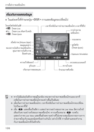 การตั้งค่าภาพเคลื่อนไหว

ข้อควรจำในการถ่ายภาพเคลื่อนไหว
การถ่ายภาพและคุณภาพของภาพ
  ที่ขนาด [1920x1080] อัตราการบันทึกจะช้ากว่า ดังนั้นวัตถุหรือฉากที่
  เคลื่อนที่เร็วอาจดูกระตุก
  หากขนาดไฟล์ภาพเคลื่อนไหวไฟล์หนึ่งใช้ไปถึง 4 GB แล้ว การถ่ายภาพเคลื่อนไหว
  จะหยุดการทำงานอัตโนมัติ หากต้องการเริ่มการถ่ายภาพเคลื่อนไหวอีกครั้ง ให้กด
  ปุ่ม   (กล้องจะเริ่มการบันทึกไฟล์ภาพเคลื่อนไหวใหม่)
  หากเลนส์ทตดตังมีระบบป้องกันภาพสันไหว ระบบป้องกันภาพสันไหวจะทำงาน
                ี่ ิ ้                ่                       ่
  ตลอดเวลาถึงแม้ท่านจะไม่ได้กดปุ่มชัตเตอร์ลงครึ่งหนึ่ง ระบบป้องกันภาพสันไหว่
  อาจเป็นผลให้เวลาในการถ่ายภาพเคลื่อนไหวทั้งหมดหรือจำนวนภาพที่สามารถ
  บันทึกได้ลดลง หากท่านใช้ขาตั้งกล้อง หรือไม่จำเป็นต้องใช้ระบบป้องกันภาพสัน   ่
  ไหว ท่านควรตั้งค่าสวิตช์ IS ไปที่
  ไมโครโฟนภายในกล้องจะบันทึกเสียงการทำงานกล้องร่วมเข้าไปด้วย หากท่านไม่
  ต้องการบันทึกเสียงใดๆ ให้ตั้งค่าการบันทึกเสียงไปที่ [Off]
  ไม่ขอแนะนำให้ใช้งานโฟกัสอัตโนมัติ ในขณะถ่ายภาพเคลื่อนไหว เนื่องจากทำให้จับ
  โฟกัสในขณะนั้นได้ไม่ถูกต้อง หรือทำให้ค่าแสงเปลี่ยน ถึงแม้จะตั้งค่าโหมดโฟกัส
  อัตโนมัติเป็น [Quick mode] ก็ตาม โหมดการทำงานก็จะเปลี่ยนไปเป็นโหมด Live
  ในขณะถ่ายภาพเคลื่อนไหว
  หากไม่สามารถถ่ายภาพเคลื่อนไหวได้เนื่องจากพื้นที่หน่วยความจำที่เหลือในแผ่น
  บันทึกภาพมีไม่เพียงพอ ขนาดการบันทึกภาพเคลือนไหวและเวลาทีเหลือในการถ่าย
                                                ่                  ่
  ภาพเคลื่อนไหว (หน้า 126) จะปรากฏขึ้นเป็นสีแดง
  หากท่านใช้แผ่นบันทึกภาพทีมความเร็วในการเขียนต่ำ ตัวแสดง
                              ่ ี
  ระดับการเขียนระดับ 5 อาจปรากฏขึนทีมมขวาของหน้าจอใน
                                    ้ ่ ุ
  ขณะถ่ายภาพเคลือนไหว ซึงจะแสดงว่าเหลือข้อมูลทียงไม่ได้เขียน
                       ่    ่                     ่ั
  ลงแผ่นบันทึกภาพมีจำนวนเท่าไร (พืนทีทเหลือของหน่วยความจำ
                                     ้ ่ ี่
  ชัวคราวภายใน) ยิงแผ่นบันทึกภาพมีระดับการเขียนช้าตัวแสดง
    ่                    ่
  ก็จะมีค่าสูงขึ้น หากตัวแสดงแสดงผลจนเต็มกล้องจะหยุดการ ตัวแสดงระดับการเขียน
  ถ่ายภาพโดยอัตโนมัติ หากแผ่นบันทึกภาพมีความเร็วในการเขียนสูง ตัวแสดงก็จะ
  ไม่ปรากฏขึ้นหรือระดับ (หากแสดงขึ้น) การเขียนก็จะไม่ค่อยขยับขึ้น
  ก่อนอื่น ให้ทดลองถ่ายภาพเคลื่อนไหวสองหรือสามภาพเพื่อตรวจสอบดูว่าแผ่น
  บันทึกภาพมีความเร็วในการเขียนเพียงพอ
  หากท่านถ่ายภาพนิ่งในขณะการถ่ายภาพเคลื่อนไหวอาจทำให้การถ่ายภาพ
  เคลื่อนไหวหยุด หากตั้งค่าคุณภาพการบันทึกภาพนิ่งไว้ต่ำ อาจเพิ่มระดับคุณภาพ
  ให้สูงขึ้นได้
  ในขณะใช้โหมดการถ่ายภาพเคลื่อนไหว การตั้งค่าฟังก์ชั่นที่ผู้ใช้ตั้งเอง (Custom
  Function) ปัจจุบันอาจถูกปิดการใช้งาน (หน้า 183)
                                                                            127
 