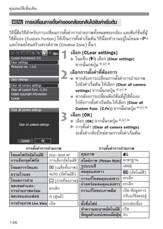 คุณสมบัติเพิ่มเติม

              การตั้งค่ากล้อง                          การตั้งค่าภาพเคลื่อนไหว
ปิดกล้องอัตโนมัติ          30 วินาที             ขนาดการบันทึกภาพเคลือนไหว 1280x720
                                                                     ่
เสียงเตือน                 เปิด                  โหมดโฟกัสอัตโนมัติ        โหมด Live
ลั่นชัตเตอร์เมื่อ                                การบันทึกเสียง            เปิด
                           เปิด
ไม่มีแผ่นบันทึกภาพ                               การแสดงตาราง              ปิด
เวลาในการแสดงภาพ 2 วินาที                        เวลาการวัดแสง             16 วินาที
ข้ามภาพด้วยวงแหวน          10 ภาพ                รีโมทคอนโทรล              ปิด
หมุนภาพอัตโนมัติ           On
ความสว่างของหน้าจอ

     การตั้งค่าฟังก์ชั่นที่ผู้ใช้ตั้งเอง (Custom Funtion), วันที่/เวลา, ภาษาที่หน้าจอ,
     ระบบวิดีโอ และรายการเมนูส่วนตัวจะไม่เปลี่ยนแปลง

         เกี่ยวกับข้อมูลลิขสิทธิ์
หากท่านใช้ EOS Utility (ซอฟท์แวร์ที่จัดให้) เพื่อตั้งข้อมูลลิขสิทธิ์ของท่าน ข้อมูล
ลิขสิทธิ์นี้จะถูกเพิ่มเข้าไปในข้อมูลภาพ Exif สามารถเปิดดูหรือลบข้อมูลลิขสิทธิ์ออก
จากกล้อง หากข้อมูลลิขสิทธิ์ของท่านไม่ได้ถูกตั้งค่าไว้ จะกลายเป็นสีเทาบนหน้าจอ
และไม่สามารถใช้งานได้
                                         ที่หน้าจอ [Clear setting] ให้กดปุ่ม
                                         เพื่อแสดงข้อมูลลิขสิทธิ์
                                         กดปุ่ม            เพื่อกลับไปยังหน้าจอ
                                         [Clear settings]
                                         หากต้องการลบข้อมูลลิขสิทธิ์ ให้เลือก
                                         [Delete copyright information] บนหน้าจอ
                                         [Clear settings]




                                                                                         137
 