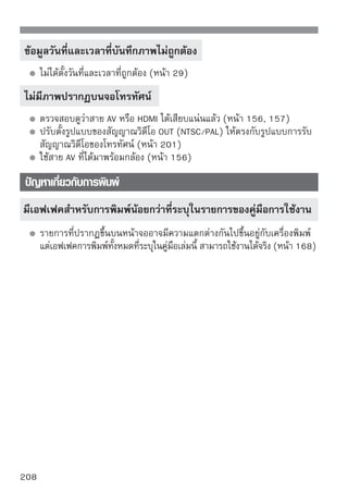 รหัสแสดงข้อผิดพลาด
            รหัสแสดงข้อผิดพลาด        เมื่อเกิดปัญหากับการทํางานของกล้อง จะมี
                                      ข้อความแสดงความผิดพลาดเตือนที่หน้าจอ
                                      ให้ปฏิบัติตามคําแนะนําที่หน้าจอ




  ข้อความอธิบายความผิดพลาด
   รหัส                  ข้อความแสดงความผิดพลาดและการแก้ปัญหา
           การสื่อสารระหว่างกล้องและเลนส์เกิดการผิดพลาดขึ้น ให้ทำความสะอาดขั้วไฟฟ้า
           ของเลนส์
              ทำความสะอาดขั้วไฟฟ้าบนกล้องและเลนส์ ใช้เลนส์ของแคนนอนเท่านั้น
              (หน้า 13, 16)
           มีปัญหาเกิดขึ้นที่แผ่นบันทึกภาพ ให้เปลี่ยนแผ่นบันทึกภาพ หรือติดตั้งแผ่นบันทึก
           ภาพอีกครั้ง หรือล้างข้อมูลแผ่นบันทึกภาพโดยใช้กล้องนี้
              ถอดแล้วใส่แผ่นบันทึกภาพอีกครั้ง เปลี่ยนแผ่นบันทึกภาพหรือล้างข้อมูลแผ่น
              บันทึกภาพ (หน้า 31, 40)
           ไม่สามารถบันทึกภาพเพราะแผ่นบันทึกภาพเต็ม ให้เปลี่ยนแผ่นบันทึกภาพ
              เปลี่ยนแผ่นบันทึกภาพ ลบภาพที่ไม่จําเป็นออก หรือล้างข้อมูลแผ่นบันทึกภาพ
              (หน้า 31, 159, 40)
           แฟลชภายในกล้องไม่สามารถเปิดขึ้นอัตโนมัติ ให้ปิดและเปิดกล้องอีกครั้ง
              ลองตรวจสอบการทำงานของสวิตซ์เปิด/ปิดกล้อง (หน้า 27)
           การทําความสะอาดเซ็นเซอร์ไม่ทํางาน ให้เปิดและปิดกล้องอีกครั้ง
              ลองตรวจสอบการทำงานของสวิตซ์เปิด/ปิดกล้อง (หน้า 27)
           ไม่สามารถบันทึกภาพได้เนื่องจากเหตุขัดข้องบางประการ ให้ปิดและเปิดกล้อง
           อีกครั้ง
              เปิด/ปิดสวิตช์กล้อง ถอดและติดตั้งแบตเตอรี่อีกครั้ง หรือใช้เลนส์ของแคนนอน
              (หน้า 27, 26)
* หากยังเกิดข้อผิดพลาดเช่นเดิม ให้จดรหัสของข้อผิดพลาดไว้และติดต่อศูนย์บริการของ
  แคนนอนที่ใกล้ที่สุด


                                                                                     209
 