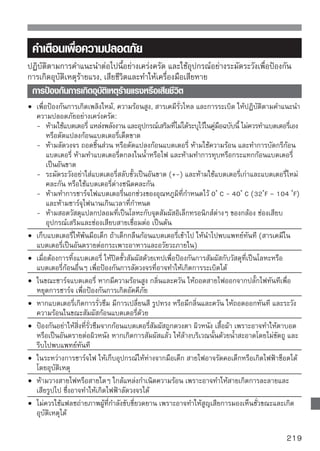 •    ไม่ควรใช้แฟลชถ่ายภาพใกล้กับคนมากเกินไป เพราะอาจจะทำให้เสียสุขภาพตาได้ และเมื่อใช้แฟลช
     ถ่ายภาพเด็กทารก ควรถ่ายในระยะห่าง 1 เมตรขึ้นไป
•    ก่อนนำกล้องและอุปกรณ์เสริมอื่นๆ ไปเก็บ ควรถอดแบตเตอรี่ออกเสียก่อน และถอดสายไฟทุกเส้น
     ออกจากปลั๊ก ทั้งนี้เพื่อป้องกันการเกิดไฟฟ้าลัดวงจร หรือการสะสมของความร้อนอันอาจทำให้เกิด
     อัคคีภัยได้
•    ห้ามใช้กล้องหรือชาร์จไฟแบตเตอรี่เมื่อได้กลิ่นก๊าซ เพื่อป้องกันการเกิดระเบิดและเกิดอัคคีภัย
•    หากทำอุปกรณ์ตก และวัสดุที่ห่อหุ้มแตกหรือเปิดออกจนเห็นชิ้นส่วนด้านใน ห้ามสัมผัสกับชิ้นส่วน
     ภายในอุปกรณ์นั้นเด็ดขาด เพราะอาจจะถูกไฟช็อตได้
•    ห้ามถอดชิ้นส่วนหรือดัดแปลงอุปกรณ์ เพราะชิ้นส่วนที่อยู่ด้านในซึ่งมีแรงดันไฟฟ้าสูงมากอาจทำให้
     เกิดไฟช็อตได้
•    ห้ามส่องหรือเล็งกล้องไปยังดวงอาทิตย์และแหล่งกำเนิดแสงที่สว่างจ้า เพราะอาจทำให้เกิดอันตราย
     ต่อดวงตาได้
•    เก็บกล้องให้พ้นมือเด็กเล็กๆ สายคล้องกล้องอาจจะรัดคอเด็กจนหายใจไม่ออกได้
•    อย่าเก็บกล้องและอุปกรณ์อื่นๆ ไว้ในที่ซึ่งมีฝุ่น มาก ที่ซึ่งมีความชื้นสูง เพื่อป้องกันไฟฟ้าลัดวงจรและ
     อัคคีภัย
•    ก่อนที่จะใช้กล้องในเครื่องบินและโรงพยาบาล ตรวจสอบก่อนว่าสามารถถ่ายภาพได้
     คลืนแม่เหล็กไฟฟ้าทีสงออกจากกล้องอาจจะรบกวนอุปกรณ์การบินและอุปกรณ์ตรวจรักษาทางการแพทย์
         ่               ่่
•    เพื่อป้องกันอัคคีภัยและไฟช็อต ให้ปฏิบัติตามคำแนะนำเพื่อความปลอดภัยด้านล่างนี้:
     - เมื่อเสียบปลั๊กไฟ ให้เสียบเข้าจนสุดทุกครั้ง
     - ห้ามจับปลั๊กไฟเมื่อมือเปียกชื้น
     - เมื่อถอดหรือเสียบปลั๊กไฟ ให้จับที่หัวปลั๊ก ไม่จับที่สาย
     - ไม่ขูดขีด ตัด ดัดงอสายไฟ บิดหรือผูกสายไฟหรือทับด้วยวัตถุที่มีน้ำหนักมาก
     - ไม่ต่อพ่วงสายไฟจำนวนมากเข้ากับช่องเสียบเดียวกัน
     - ไม่เสียบสายไฟ เมื่อเครื่องป้องกันไฟฟ้ารั่วหรือลัดวงจรเสียหาย
•    เมื่อใช้งานไปแล้วระยะหนึ่ง ให้ถอดสายไฟออก และเช็ดฝุ่นที่หัวเสียบและปลั๊กไฟด้วยผ้าแห้ง ถ้าใน
     บริเวณนั้นมีฝุ่นมาก หรือมีความชื้นสูงมาก หรือมีน้ำมัน ฝุ่นบริเวณปลั๊กไฟจะชื้นและอาจทำให้ไฟฟ้า
     ลัดวงจรและเกิดอัคคีภัยได้
    การป้องกันการบาดเจ็บหรือทำให้อุปกรณ์เสียหาย
•    ห้ามทิ้งกล้องไว้ในรถที่จอดตากแดด หรือใกล้กับแหล่งความร้อน กล้องอาจจะร้อนจัดและทำอันตราย
     ต่อผิวหนัง
•    ไม่ควรยกย้ายกล้องที่ติดอยู่บนขาตั้งกล้องในขณะเดินไปรอบๆ การทำเช่นนี้อาจทำให้เกิออุบัติเหตุ
     และได้รับบาดเจ็บ และกล้องอาจจะตกหล่น ให้ตรวจสอบให้แน่ใจว่าขาตั้งกล้องนั้นแข็งแรงพอที่จะ
     รองรับกล้องและเลนส์
•    ไม่ควรทิ้งเลนส์ และเลนส์ที่ติดอยู่กับกล้องตากแดดโดยไม่สวมฝาครอบเลนส์เอาไว้ เลนส์อาจจะ
     รวมแสงจนเกิดการสะสมความร้อนมาก จนทำให้กล้องเสียหายหรือไหม้ได้
220
 