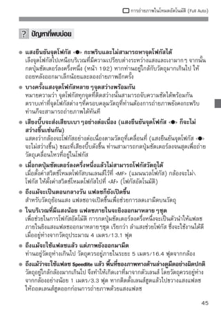 เทคนิคการถ่ายภาพด้วยระบบอัตโนมัติ
(Full
Auto)
 การจัดองค์ประกอบภาพใหม่




จัดตำแหน่งของวัตถุให้อยู่ทางซ้ายหรือทางขวาเพื่อการสร้างความสมดุลของพื้นหลัง
กับทัศนียภาพที่ชวนมอง ทั้งนี้จะขึ้นอยู่กับแต่ละฉาก
ในโหมด   (Full Auto) ขณะที่ท่านกดปุ่มชัตเตอร์ลงครึ่งหนึ่งเพื่อโฟกัสภาพนิ่ง
โฟกัสจะถูกล็อค จากนั้นท่านสามารถเปลี่ยนการจัดวางภาพใหม่ และกดปุ่มชัตเตอร์
ลงจนสุดเพื่อถ่ายภาพ ซึ่งเรียกวิธีนี้ว่า “การล็อคโฟกัส” สามารถล็อคโฟกัสได้ใน
โหมดโซนโหมดโซนพื้นฐาน (Basic Zone) (ยกเว้น  ภาพกีฬา)

 การถ่ายวัตถุที่กำลังเคลื่อนที่




ในโหมด   (Full Auto) หากวัตถุมีการเคลื่อนที่ (ระยะระหว่างกล้องกับวัตถุ
เปลี่ยนแปลงไป) ในขณะที่โฟกัสหรือโฟกัสได้แล้ว ระบบ AI Servo AF จะมีผลในการ
โฟกัสวัตถุอย่างต่อเนือง ตราบเท่าทีทานยังคงเล็งจุดโฟกัสไปทีวตถุขณะกดปุมชัตเตอร์
                     ่            ่ ่                     ่ั         ่
ลงครึ่งหนึ่ง การโฟกัสก็จะยังคงทำงานอย่างต่อเนื่อง และเมื่อท่านต้องการถ่ายภาพให้
กดปุ่มชัตเตอร์ลงจนสุด

46
 