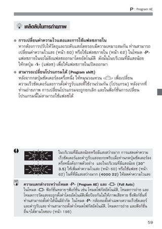 :
การเปลี่ยนค่าความไวแสง 
ตั้งค่าความไวแสง (ความไวต่อแสงของเซ็นเซอร์ภาพ) เพื่อให้เหมาะสมกับระดับแสง
โดยรอบในโหมดโซนพืนฐาน (Basic Zone) กล้องจะตังค่าความไวแสงอัตโนมัติ (หน้า 61)
                   ้                        ้


                                  1กดปุความ [ISO speed] จะปรากฏขึ้น
                                     ข้อ
                                         ่ม   ( )




                                  2เลือกความไวแสง  หรือกดปุ่ม 
                                      หมุนวงแหวน                                
                                           เพื่อเลือกค่าความไวแสง
                                           ท่านสามารถตั้งค่าความไวแสงในช่องมอง
                                           ภาพในขณะที่หมุนวงแหวน  
                                           ค่าความไวแสงจะตั้งค่าอัตโนมัติ เมื่อท่าน
                                           เลือก “        ” (หน้า 61)
ค่าความไวแสงที่แนะนำ
     ค่าความไวแสง          สภาวะในการถ่ายภาพ                ระยะของแฟลช
                               (ไม่ใช้แฟลช)
    100 – 200            แสงแดดจัด นอกอาคาร         ยิ่งค่าความไวแสงสูงเท่าไร ก็จะ
    400 – 800            ท้องฟ้ามีเมฆครึ้ม, ตอนเย็น ยิ่งทำให้ระยะแฟลชไกลมากขึ้น
  1600 – 6400, H         ในร่มหรือตอนกลางคืน        เท่านั้น (หน้า 62)

        ในเมนู [ Custom Functions (C.Fn)] หากตั้งค่า [Highlight tone priority] เป็น
        [1: Enable] ระยะค่าความไวแสงที่สามารถตั้งค่าได้จะเป็น ISO 200-3200
        (หน้า 186)
        การใช้ค่าความไวแสงสูงหรือถ่ายภาพในสภาวะอุณหภูมิสูงอาจส่งผลให้ภาพดูหยาบ
        มากขึ้น และการรับแสงนานก็อาจเป็นสาเหตุให้สีภาพมีความผิดปกติอีกด้วย
        เมื่อท่านถ่ายภาพด้วยค่าความไวแสงสูง, อาจทำให้เกิดจุดสีรบกวน (เกิดเส้นแนว
        ขวาง, จุดแสง เป็นต้น)
      ในเมนู [ Custom Functions (C.Fn)] หากตั้งค่า [ISO expansion] ไว้ที่ [1: On] ยัง
      สามารถตั้งค่า ISO 6400 และ “H” (ISO 12800) ได้ (หน้า 184)
60
 