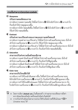 การตั้งค่าสไตล์ภาพ (Picture Style)


การปรับภาพขาว-ดำ (Monochrome)
สำหรับภาพขาว-ดำ ท่านสามารถตั้งค่า [Filter effect] และ [Toning effect] ตามที่
ได้อธิบาย [Sharpness] และ [Contrast] ไว้ในหน้าก่อนหน้านี้
     Filter Effect
                                          การปรับค่า Filter effect ในภาพ Monochrome
                                          จะช่วยให้ท่านสามารถสร้างสีของก้อนเมฆให้
                                          เป็นสีขาว และสีของต้นไม้ให้ดูเขียวเด่นชัดมาก
                                          ขึ้นได้


     ฟิลเตอร์                                เอฟเฟคตัวอย่าง
                  ภาพสีขาว-ดำปกติที่ไม่มีเอฟเฟคของฟิลเตอร์
                  ภาพท้องฟ้าสดใสจะดูเป็นธรรมชาติมากยิ่งขึ้น และภาพของก้อนเมฆจะดู
                  คมชัดมากขึ้น
                  ภาพท้องฟ้าจะดูมืดขึ้นเล็กน้อย และทำให้ภาพพระอาทิตย์ตกดูสวยงาม
                  ภาพท้องฟ้าจะดูมืดพอสมควรและภาพใบไม้ร่วงจะมีความคมชัดและสว่าง
                  สีผิวและริมฝีปากจะดูสวยงามเป็นธรรมชาติ และภาพต้นไม้จะดูคมชัดและ
                  สว่างขึ้น
     การเพิ่ม [Contrast] จะทำให้เอฟเฟคของฟิลเตอร์ดูชัดเจนยิ่งขึ้น

     Toning Effect
                                          การสร้าง Toning effect นั้นท่านสามารถสร้าง
                                          ภาพขาว-ดำได้โดยสีนั้นๆ ซึ่งจะทำให้ภาพดู
                                          สวยงามน่ามองยิ่งขึ้น
                                          ท่านสามารถเลือกตัวเลือกได้ดังต่อไปนี้
                                          [N: None] [S: Sepia] [B: Blue] [P: Purple]
                                          [G: Green]


90
 