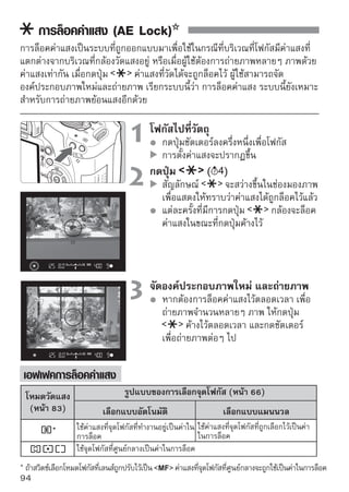 การล็อคแสงแฟลช (FE Lock)
การล็อคแสงแฟลช จะเป็นการล็อคแสงที่ได้จากพื้นที่บนวัตถุที่ท่านต้องการนำมาใช้
สามารถใช้รูปแบบการทำงานนี้กับแฟลช Speedlite ซีรี่ส์ EX ของแคนนอน
* FE ย่อมาจาก Flash Exposure

                               1 กดปุ่ม ่มชัตเตอร์่องครึด่งแฟลชภายในขึ้นาน
                                   กดปุ
                                               เพื เปิ
                                                   ล หนึ่งและมองภาพผ่
                                          ช่องมองภาพเพื่อตรวจสอบว่าสัญลักษณ์
                                               สว่างขึ้น



                               2 โฟกัสไปยังวัตถุ
                               3 กดปุ่มศูนย์กลางของช่)องมองภาพไปยังวัตถุททา่ น
                                   เล็ง
                                               (
                                                                         ี่
                                          ต้องการล็อคแสงแฟลช จากนั้นกดปุ่ม
                                          กล้องจะยิงแฟลชนำทาง (Preflash) ออกมา
                                          และค่าแฟลชที่จำเป็นต้องใช้จะถูกประมวล
                                          ผลออกมาแล้วถูกบันทึกลงในหน่วยความจำ
                                          ในช่องมองภาพ ข้อความ “FEL” จะแสดงขึ้น
                                          สักครู่ และ        จะสว่างขึ้น
                                          ในแต่ละครั้งที่ท่านกดปุ่ม      กล้องจะยิง
                                          แฟลชนำทาง (Preflash) ออกมา และค่า
                                          แฟลชที่จำเป็นต้องใช้จะถูกประมวลผลออก
                                          มาแล้วถูกบันทึกลงในหน่วยความจำ
                               4 ถ่ายภาพ ประกอบภาพแล้วกดปุ่มชัตเตอร์ลง
                                    จัดองค์
                                          จนสุดเพื่อถ่ายภาพ
                                          กล้องจะยิงแสงแฟลชออกมาเพื่อถ่ายภาพ


    หากวัตถุอยู่ไกลเกินไปและู่ไกลเกินกว่าระยะที่แฟลชจะส่องถึง สัญลักษณ์         จะ
    กะพริบ ให้เข้าใกล้วัตถุมากขึ้นแล้วปฏิบัติตามขั้นตอนที่ 2 ไปถึง 4 อีกครั้ง

                                                                                     95
 