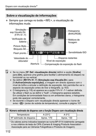 Disparo com visualização directaN 
Sobre a visualização de informações 
  Sempre que carrega no botão <B>, a visualização de 
informações muda. 
112 
Histograma 
(Brilho/RGB) 
Moldura de 
focagem 
Sensibilidade ISO 
Disparos restantes 
Nível de exposição 
Abertura 
Verificação da 
bateria 
Picture Style 
Bloqueio AE 
Flash pronto 
Velocidade do 
obturador 
Compensação da exposição do flash 
Simulação 
exp.Visualiz.Dir. 
(F.Pn IV -7) 
  Se no menu [6 Def. visualização directa] definir a opção [Grelha] 
para [On], aparece uma grelha para facilitar o alinhamento do disparo na 
horizontal ou na vertical. 
  Se definir [8F.Pn IV -7] (Simulação exp.Visualiz.Dir.) para 
[1:Activar(simula exposição)], a imagem em directo aparece com o 
nível de brilho a simular a definição de exposição. Isto permite-lhe ver o 
aspecto da exposição antes de tirar a fotografia. (p.163) 
  O histograma (p.118) só aparece se a opção F.Pn IV -7-1 estiver definida. 
Se utilizar o flash ou se definir o "bulb", o histograma aparece esbatido. 
Em condições de luminosidade fraca ou em ambientes claros, o histograma 
pode não aparecer correctamente. 
  Se durante o Disparo com visualização directa aparecer o ícone de 
aviso < > (aviso de subida de temperatura), consulte a página 107. 
Número estimado de disparos com a função Disparo com visualização directa 
Temperatura A 23°C A 0°C 
Nº estimado de disparos Aprox. 170 Aprox. 130 
* Os valores acima indicados baseiam-se numa BP-511A totalmente carregada 
e nos critérios de teste da CIPA (Camera & Imaging Products Association - 
Associação para as Câmaras Fotográficas e Produtos de Imagem). 
 