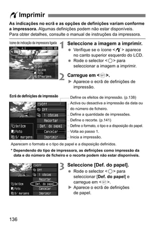 As indicações no ecrã e as opções de definições variam conforme 
a impressora. Algumas definições podem não estar disponíveis. 
Para obter detalhes, consulte o manual de instruções da impressora. 
Aparecem o formato e o tipo de papel e a disposição definidos. 
136 
1 Seleccione a imagem a imprimir. 
  Verifique se o ícone <w> aparece 
no canto superior esquerdo do LCD. 
  Rode o selector <5> para 
seleccionar a imagem a imprimir. 
2 Carregue em <0>. 
X Aparece o ecrã de definições de 
impressão. 
Define os efeitos de impressão. (p.138) 
Activa ou desactiva a impressão da data ou 
do número de ficheiro. 
Define a quantidade de impressões. 
Define o recorte. (p.141) 
Define o formato, o tipo e a disposição do papel. 
Volta ao passo 1. 
Inicia a impressão. 
3 Seleccione [Def. do papel]. 
  Rode o selector <5> para 
seleccionar [Def. do papel] e 
carregue em <0>. 
X Aparece o ecrã de definições 
de papel. 
wImprimir 
Ícone de indicação da impressora ligada 
Ecrã de definições de impressão 
* Dependendo do tipo de impressora, as definições como impressão da 
data e do número de ficheiro e o recorte podem não estar disponíveis. 
 