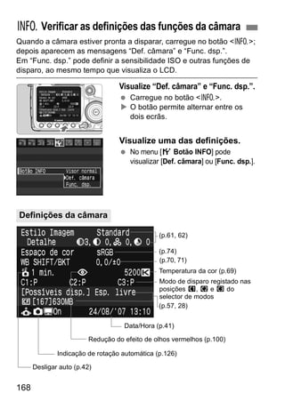 B Verificar as definições das funções da câmara 
Quando a câmara estiver pronta a disparar, carregue no botão <B>; 
depois aparecem as mensagens “Def. câmara” e “Func. dsp.”. 
Em “Func. dsp.” pode definir a sensibilidade ISO e outras funções de 
disparo, ao mesmo tempo que visualiza o LCD. 
168 
Visualize “Def. câmara” e “Func. dsp.”. 
  Carregue no botão <B>. 
X O botão permite alternar entre os 
dois ecrãs. 
Visualize uma das definições. 
  No menu [5 Botão INFO] pode 
visualizar [Def. câmara] ou [Func. dsp.]. 
Definições da câmara 
(p.61, 62) 
(p.74) 
(p.70, 71) 
Modo de disparo registado nas 
posições w, x e y do 
selector de modos 
(p.57, 28) 
Data/Hora (p.41) 
Indicação de rotação automática (p.126) 
Desligar auto (p.42) 
Temperatura da cor (p.69) 
Redução do efeito de olhos vermelhos (p.100) 
 