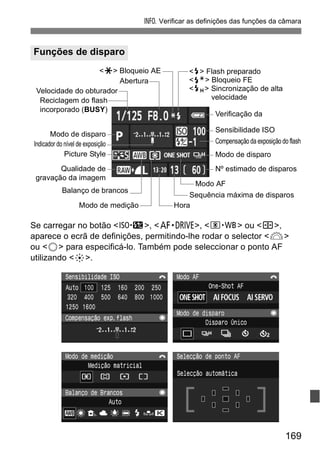 B Verificar as definições das funções da câmara 
<A> Bloqueio AE 
Velocidade do obturador 
Modo de disparo 
Indicador do nível de exposição 
Picture Style 
Se carregar no botão <m>, <o>, <n> ou <S>, 
aparece o ecrã de definições, permitindo-lhe rodar o selector <6> 
ou <5> para especificá-lo. Também pode seleccionar o ponto AF 
utilizando <9>. 
169 
Funções de disparo 
Hora 
Abertura 
<D> Flash preparado 
<d> Bloqueio FE 
<e> Sincronização de alta 
velocidade 
Modo de medição 
Compensação da exposição do flash 
Reciclagem do flash 
incorporado (BUSY) 
Balanço de brancos 
Verificação da 
Sensibilidade ISO 
Modo de disparo 
Nº estimado de disparos 
Modo AF 
Sequência máxima de disparos 
Qualidade de 
gravação da imagem 
 