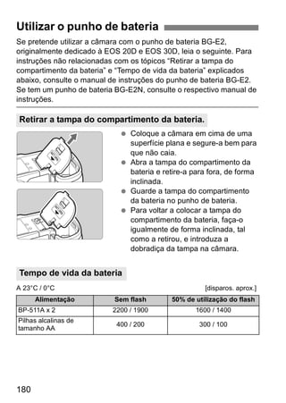 Utilizar o punho de bateria 
Se pretende utilizar a câmara com o punho de bateria BG-E2, 
originalmente dedicado à EOS 20D e EOS 30D, leia o seguinte. Para 
instruções não relacionadas com os tópicos “Retirar a tampa do 
compartimento da bateria” e “Tempo de vida da bateria” explicados 
abaixo, consulte o manual de instruções do punho de bateria BG-E2. 
Se tem um punho de bateria BG-E2N, consulte o respectivo manual de 
instruções. 
Retirar a tampa do compartimento da bateria. 
Tempo de vida da bateria 
180 
  Coloque a câmara em cima de uma 
superfície plana e segure-a bem para 
que não caia. 
  Abra a tampa do compartimento da 
bateria e retire-a para fora, de forma 
inclinada. 
  Guarde a tampa do compartimento 
da bateria no punho de bateria. 
  Para voltar a colocar a tampa do 
compartimento da bateria, faça-o 
igualmente de forma inclinada, tal 
como a retirou, e introduza a 
dobradiça da tampa na câmara. 
A 23°C / 0°C [disparos. aprox.] 
Alimentação Sem flash 50% de utilização do flash 
BP-511A x 2 2200 / 1900 1600 / 1400 
Pilhas alcalinas de 
tamanho AA 400 / 200 300 / 100 
 
