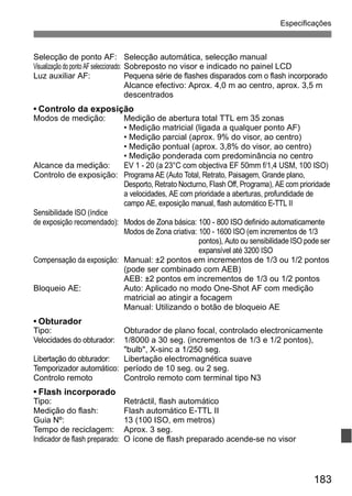 Especificações 
Selecção de ponto AF: Selecção automática, selecção manual 
Visualização do ponto AF seleccionado: Sobreposto no visor e indicado no painel LCD 
Luz auxiliar AF: Pequena série de flashes disparados com o flash incorporado 
Alcance efectivo: Aprox. 4,0 m ao centro, aprox. 3,5 m 
descentrados 
183 
• Controlo da exposição 
Modos de medição: Medição de abertura total TTL em 35 zonas 
• Medição matricial (ligada a qualquer ponto AF) 
• Medição parcial (aprox. 9% do visor, ao centro) 
• Medição pontual (aprox. 3,8% do visor, ao centro) 
• Medição ponderada com predominância no centro 
Alcance da medição: EV 1 - 20 (a 23°C com objectiva EF 50mm f/1,4 USM, 100 ISO) 
Controlo de exposição: Programa AE (Auto Total, Retrato, Paisagem, Grande plano, 
Desporto, Retrato Nocturno, Flash Off, Programa), AE com prioridade 
a velocidades, AE com prioridade a aberturas, profundidade de 
campo AE, exposição manual, flash automático E-TTL II 
Sensibilidade ISO (índice 
de exposição recomendado): Modos de Zona básica: 100 - 800 ISO definido automaticamente 
Modos de Zona criativa: 100 - 1600 ISO (em incrementos de 1/3 
pontos), Auto ou sensibilidade ISO pode ser 
expansível até 3200 ISO 
Compensação da exposição: Manual: ±2 pontos em incrementos de 1/3 ou 1/2 pontos 
(pode ser combinado com AEB) 
AEB: ±2 pontos em incrementos de 1/3 ou 1/2 pontos 
Bloqueio AE: Auto: Aplicado no modo One-Shot AF com medição 
matricial ao atingir a focagem 
Manual: Utilizando o botão de bloqueio AE 
• Obturador 
Tipo: Obturador de plano focal, controlado electronicamente 
Velocidades do obturador: 1/8000 a 30 seg. (incrementos de 1/3 e 1/2 pontos), 
"bulb", X-sinc a 1/250 seg. 
Libertação do obturador: Libertação electromagnética suave 
Temporizador automático: período de 10 seg. ou 2 seg. 
Controlo remoto Controlo remoto com terminal tipo N3 
• Flash incorporado 
Tipo: Retráctil, flash automático 
Medição do flash: Flash automático E-TTL II 
Guia Nº: 13 (100 ISO, em metros) 
Tempo de reciclagem: Aprox. 3 seg. 
Indicador de flash preparado: O ícone de flash preparado acende-se no visor 
 