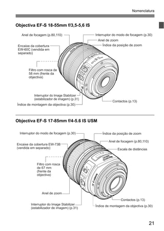 Nomenclatura 
Interruptor do modo de focagem (p.30) 
21 
Objectiva EF-S 18-55mm f/3,5-5,6 IS 
Anel de focagem (p.80,110) 
Índice de montagem da objectiva (p.30) 
Objectiva EF-S 17-85mm f/4-5.6 IS USM 
Contactos (p.13) 
Encaixe da cobertura 
EW-60C (vendida em 
separado) 
Filtro com rosca de 
58 mm (frente da 
objectiva) 
Anel de zoom 
Índice da posição de zoom 
Interruptor do Image Stabilizer 
(estabilizador de imagem) (p.31) 
Interruptor do modo de focagem (p.30) 
Interruptor do Image Stabilizer 
(estabilizador de imagem) (p.31) 
Escala de distâncias 
Contactos (p.13) 
Índice de montagem da objectiva (p.30) 
Encaixe da cobertura EW-73B 
(vendida em separado) 
Filtro com rosca 
de 67 mm 
(frente da 
objectiva) 
Anel de focagem (p.80,110) 
Anel de zoom 
Índice da posição de zoom 
 