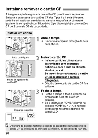 Instalar e remover o cartão CF 
A imagem captada é gravada no cartão CF (vendido em separado). 
Embora a espessura dos cartões CF dos Tipos I e II seja diferente, 
pode inserir qualquer um deles na câmara fotográfica. A câmara é 
igualmente compatível com Microdrive (tipo disco rígido) e com cartões 
CF de 2 ou mais GB de capacidade. 
28 
1 Abra a tampa. 
  Empurre a tampa na direcção da seta 
para abri-la. 
2 Insira o cartão CF. 
  Insira o cartão na câmara pela 
extremidade com pequenos 
orifícios e com o lado da etiqueta 
virados para si. 
Se inserir incorrectamente o cartão 
CF, pode danificar a câmara 
fotográfica. 
X O botão de ejecção do cartão CF fica 
saliente. 
3 Feche a tampa. 
  Feche a tampa e faça-a deslizar na 
direcção da seta até ouvir um 
estalido. 
X Se o interruptor POWER estiver na 
posição <1> ou <J>, o número 
de disparos restantes aparece no 
painel LCD. 
Instalar um cartão 
Lado da etiqueta 
Botão de ejecção do 
cartão CF 
Disparos restantes 
O número de disparos restantes depende da capacidade remanescente no 
cartão CF, da qualidade de gravação da imagem, da sensibilidade ISO, etc. 
 