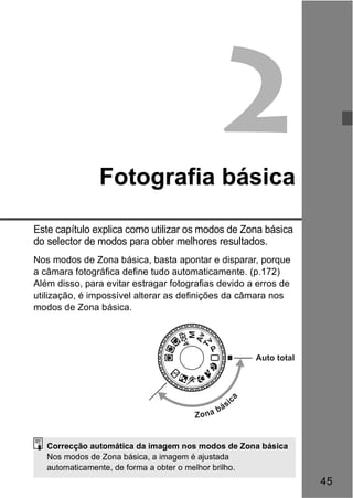 45 
2 
Fotografia básica 
Este capítulo explica como utilizar os modos de Zona básica 
do selector de modos para obter melhores resultados. 
Nos modos de Zona básica, basta apontar e disparar, porque 
a câmara fotográfica define tudo automaticamente. (p.172) 
Além disso, para evitar estragar fotografias devido a erros de 
utilização, é impossível alterar as definições da câmara nos 
modos de Zona básica. 
Auto total 
Zona básica 
Correcção automática da imagem nos modos de Zona básica 
Nos modos de Zona básica, a imagem é ajustada 
automaticamente, de forma a obter o melhor brilho. 
 
