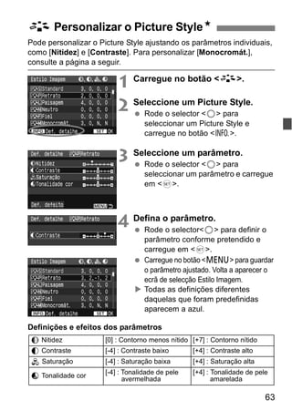 A Personalizar o Picture StyleN 
Pode personalizar o Picture Style ajustando os parâmetros individuais, 
como [Nitidez] e [Contraste]. Para personalizar [Monocromát.], 
consulte a página a seguir. 
63 
1 Carregue no botão <A>. 
2 Seleccione um Picture Style. 
  Rode o selector <5> para 
seleccionar um Picture Style e 
carregue no botão <B>. 
3 Seleccione um parâmetro. 
  Rode o selector <5> para 
seleccionar um parâmetro e carregue 
em <0>. 
4 Defina o parâmetro. 
  Rode o selector<5> para definir o 
parâmetro conforme pretendido e 
carregue em <0>. 
  Carregue no botão <M> para guardar 
o parâmetro ajustado. Volta a aparecer o 
ecrã de selecção Estilo Imagem. 
X Todas as definições diferentes 
daquelas que foram predefinidas 
aparecem a azul. 
Definições e efeitos dos parâmetros 
g Nitidez [0] : Contorno menos nítido [+7] : Contorno nítido 
h Contraste [-4] : Contraste baixo [+4] : Contraste alto 
i Saturação [-4] : Saturação baixa [+4] : Saturação alta 
j Tonalidade cor [-4] : Tonalidade de pele 
avermelhada 
[+4] : Tonalidade de pele 
amarelada 
 