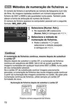 3 Métodos de numeração de ficheiros 
O número de ficheiro é semelhante ao número de fotograma num rolo 
de filme. As imagens captadas recebem um número sequencial de 
ficheiro de 0001 a 9999 e são guardadas numa pasta. Também pode 
alterar a forma de atribuição do número de ficheiro. 
O número de ficheiro aparece no computador pessoal com o seguinte 
formato: IMG_0001.JPG. 
Contínua 
72 
1 Seleccione [Numer. fich.]. 
  No separador [5] seleccione 
[Numer. fich.] e carregue em <0>. 
2 Seleccione o método de 
numeração de ficheiros. 
  Rode o selector <5> para 
seleccionar o método desejado 
e carregue em <0>. 
A numeração de ficheiros continua, mesmo depois de substituir 
o cartão CF 
Mesmo depois de substituir o cartão CF, a numeração de ficheiros 
continua em sequência até 9999. Isto é útil se quiser guardar as 
imagens numeradas em qualquer local entre 0001 e 9999, numa pasta 
do seu computador pessoal. 
Se o cartão CF de substituição contiver imagens previamente 
gravadas, a numeração de ficheiros das novas imagens pode continuar 
a partir da numeração das imagens existentes no cartão. Se optar pela 
numeração contínua de ficheiros, utilize sempre um cartão CF 
formatado de novo. 
Numeração de ficheiros depois de substituir o cartão CF 
Cartão CF 1 
XXX-0051 
Cartão CF 2 
XXX-0052 
Próximo número sequencial de ficheiro 
 