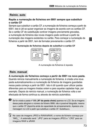 3 Métodos de numeração de ficheiros 
Repõe a numeração de ficheiros em 0001 sempre que substituir 
o cartão CF 
Sempre que substituir o cartão CF, a numeração de ficheiros começa a partir de 
0001. Isto é útil se quiser organizar as imagens de acordo com os cartões CF. 
Se o cartão CF de substituição contiver imagens previamente gravadas, 
a numeração de ficheiros das novas imagens pode continuar a partir da 
numeração das imagens existentes no cartão. Para começar a numeração de 
ficheiros a partir de 0001, tem de formatar previamente o cartão CF. 
Numeração de ficheiros depois de substituir o cartão CF 
Cartão CF 1 
Cartão CF 2 
A numeração de ficheiros começa a partir de 0001 na nova pasta. 
Quando reinicia manualmente a numeração de ficheiros, é criada uma nova 
pasta automaticamente e a numeração de ficheiros de imagens guardadas 
nessa pasta começa a partir de 0001. Isto é útil quando quer utilizar pastas 
diferentes para as imagens tiradas ontem e para aquelas captadas hoje, por 
exemplo. Depois do reinício manual, a numeração de ficheiros volta a ser 
efectuada de forma contínua ou através de reinício automático. 
73 
Reinic. auto 
Rein. manual 
XXX-0051 
100-0001 
A numeração de ficheiros é reposta 
Se for criada a pasta nº 999, [Nº da pasta cheio] aparece no LCD. Se as imagens 
dessa pasta atingirem o número de ficheiro 9999, não é possível fotografar, mesmo 
que o cartão CF disponha ainda de capacidade de armazenamento. Aparece uma 
mensagem no LCD a pedir que substitua o cartão CF. Substitua-o. 
No caso de imagens JPEG e RAW/sRAW, o nome de ficheiro começa por 
“IMG_”. A extensão será “.JPG” para as imagens JPEG e “.CR2” para as 
imagens RAW e sRAW. 
 