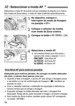 f: Seleccionar o modo AF N 
Seleccione o modo AF de acordo com as condições de disparo ou o motivo. 
Nos modos de Zona básica, o modo AF ideal é definido automaticamente. 
One-Shot AF para motivos parados 
76 
1 Na objectiva, coloque o 
interruptor de modo da focagem 
na posição <f>. 
2 Coloque o selector de modos 
num modo de Zona criativa. 
3 Carregue no botão <o>. (9) 
4 Seleccione o modo AF. 
  Ao mesmo tempo que olha para o 
painel LCD, rode o selector <6>. 
X: One-Shot AF 
9: AI Focus AF 
Z: AI Servo AF 
Adequado para motivos parados. Se carregar no botão obturador 
até meio, a câmara foca apenas uma vez. 
  Quando é feita a focagem, o ponto AF que atingiu a focagem pisca 
a vermelho e a luz de confirmação de focagem <o> também se 
acende no visor. 
  Com a medição matricial, a definição de exposição é definida ao 
mesmo tempo que se atinge a focagem. 
  Enquanto carregar no botão obturador até meio, a focagem fica 
bloqueada. Nessa altura, pode recompor a imagem, se assim o desejar. 
  Nos modos de Zona criativa, também pode utilizar AF carregando 
no botão <p>. 
 
