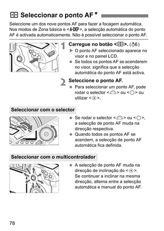 S Seleccionar o ponto AFN 
Seleccione um dos nove pontos AF para fazer a focagem automática. 
Nos modos de Zona básica e <8>, a selecção automática do ponto 
AF é activada automaticamente. Não é possível seleccionar o ponto AF. 
78 
1 Carregue no botão <S>. (9) 
X O ponto AF seleccionado aparece no 
visor e no painel LCD. 
  Se todos os pontos AF se acenderem 
no visor, significa que a selecção 
automática do ponto AF está activa. 
2 Seleccione o ponto AF. 
  Para seleccionar um ponto AF, pode 
rodar o selector <6> ou <5> ou 
utilizar <9>. 
  Se rodar o selector <6> ou <5>, 
a selecção de ponto AF muda na 
direcção respectiva. 
  Quando todos os pontos AF se 
acendem, a selecção de ponto AF 
automática fica definida. 
  A selecção de ponto AF muda na 
direcção de inclinação do <9>. 
Se continuar a inclinar na mesma 
direcção, alterna entre a selecção 
automática e manual do ponto AF. 
Seleccionar com o selector 
Seleccionar com o multicontrolador 
 