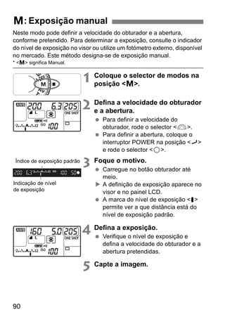 a: Exposição manual 
Neste modo pode definir a velocidade do obturador e a abertura, 
conforme pretendido. Para determinar a exposição, consulte o indicador 
do nível de exposição no visor ou utilize um fotómetro externo, disponível 
no mercado. Este método designa-se de exposição manual. 
* <a> significa Manual. 
Índice de exposição padrão 
90 
1 Coloque o selector de modos na 
posição <a>. 
2 Defina a velocidade do obturador 
e a abertura. 
  Para definir a velocidade do 
obturador, rode o selector <6>. 
  Para definir a abertura, coloque o 
interruptor POWER na posição <J> 
e rode o selector <5>. 
3 Foque o motivo. 
  Carregue no botão obturador até 
meio. 
X A definição de exposição aparece no 
visor e no painel LCD. 
  A marca do nível de exposição <s> 
permite ver a que distância está do 
nível de exposição padrão. 
4 Defina a exposição. 
  Verifique o nível de exposição e 
defina a velocidade do obturador e a 
abertura pretendidas. 
5 Capte a imagem. 
Indicação de nível 
de exposição 
 
