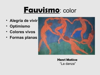 Fauvismo: color
•   Alegría de vivir
•   Optimismo
•   Colores vivos
•   Formas planas




                       Henri Matisse
                        “La danza”
 