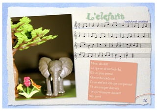L’elefant
Mirau allà dalt
Lo que en el sostre hi ha,
És un gros animal
Que en bicicleta va!
És un elefant, idò que vos pensau!
Té una coa per darrera
I una trompa per davant!
Xim pom!
12
tradicional catalana
 