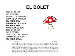EL BOLET
SÓC UN BOLET
MOLT PETITÓ.
ENSENYO EL BARRET
QUAN VE LA TARDOR.
XIM XIBIRI BOM
M’AGRADA LA PLUJA!
XIM XIBIRI BOM
M’AGRADA EL SOL!
SÓC UN BOLET
MOLT PETITÓ.
CREIXO SOTA ELS PINS
I EN MIG LA VERDOR.
XIM XIBIRI BOM...
 