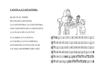 CANÇÓ: LA CASTANYERA


QUAN VE EL TEMPS
DE COLLIR CASTANYES,
LA CASTANYERA, LA CASTANYERA.
VEN CASTANYES DE LA MUNTANYA
A LA PLAÇA DE LA CIUTAT.

LA CAMISA LI VA PETITA,
LA FALDILLA LI FA CAMPANA,
LES SABATES LI FAN CLOC-CLOC
I AL BALLAR SEMPRE GIRA AIXÍ.
 