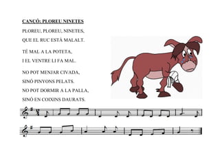 CANÇÓ: PLOREU NINETES

PLOREU, PLOREU, NINETES,
QUE EL RUC ESTÀ MALALT.

TÉ MAL A LA POTETA,
I EL VENTRE LI FA MAL.

NO POT MENJAR CIVADA,
SINÓ PINYONS PELATS.
NO POT DORMIR A LA PALLA,
SINÓ EN COIXINS DAURATS.
 