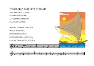 CANÇÓ: SI LA BARQUETA ES TOMBA
SI LA BARQUETA ES TOMBA,

NENA NO TINGUIS POR,

ALÇA LES MANS ENLAIRE

I CANTA UNA CANÇÓ.


DILLUNS, DIMARTS, DIMECRES,

DIJOUS, DIVENDRES,

DISSABTE I DIUMENGE.

SÓN ELS DIES DE LA SETMANA,

CINC A L’ESCOLA I DOS DE FESTA!
 