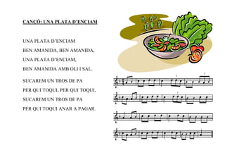 CANÇÓ: UNA PLATA D’ENCIAM



UNA PLATA D’ENCIAM
BEN AMANIDA, BEN AMANIDA,
UNA PLATA D’ENCIAM,
BEN AMANIDA AMB OLI I SAL.

SUCAREM UN TROS DE PA
PER QUI TOQUI, PER QUI TOQUI,
SUCAREM UN TROS DE PA
PER QUI TOQUI ANAR A PAGAR.
 