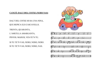 CANÇÓ: DALT DEL COTXE (NERO NAS)



DALT DEL COTXE HI HA UNA NINA,
QUE REPICA ELS CASCAVELLS.

TRENTA, QUARANTA,
L’AMETLLA AMARGANTA,
PINYOL MADUR, VES-TE’N TU.

SI TU TE’N VAS, NERO, NERO, NERO.
SI TU TE’N VAS, NERO, NERO, NAS.
 