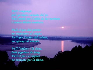 Vull companyó pels germans cansats del jo. Vull perdó per l’oblit de les veritats  i tantes bledes vanitats. Vull el pas del potent, no trepitjant al caigut. Vull que l'ardor del valent, no agreugi al vençut. Vull l'infant i la dona, fent joguines de fang. Vull el jai i el xiquet, no encisats per la lluna. 
