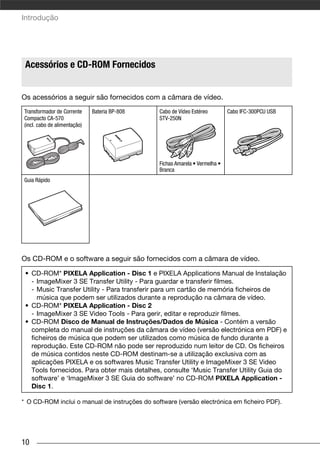 Introdução



Descrição Geral




    Acessórios e CD-ROM Fornecidos


Os acessórios a seguir são fornecidos com a câmara de vídeo.
   Transformador de Corrente     Bateria BP-808   Cabo de Vídeo Estéreo         Cabo IFC-300PCU USB
   Compacto CA-570                                STV-250N
   (incl. cabo de alimentação)




                                                  Fichas Amarela • Vermelha •
                                                  Branca
   Guia Rápido




Os CD-ROM e o software a seguir são fornecidos com a câmara de vídeo.

    • CD-ROM* PIXELA Application - Disc 1 e PIXELA Applications Manual de Instalação
      - ImageMixer 3 SE Transfer Utility - Para guardar e transferir filmes.
      - Music Transfer Utility - Para transferir para um cartão de memória ficheiros de
        música que podem ser utilizados durante a reprodução na câmara de vídeo.
    • CD-ROM* PIXELA Application - Disc 2
      - ImageMixer 3 SE Video Tools - Para gerir, editar e reproduzir filmes.
    • CD-ROM Disco de Manual de Instruções/Dados de Música - Contém a versão
      completa do manual de instruções da câmara de vídeo (versão electrónica em PDF) e
      ficheiros de música que podem ser utilizados como música de fundo durante a
      reprodução. Este CD-ROM não pode ser reproduzido num leitor de CD. Os ficheiros
      de música contidos neste CD-ROM destinam-se a utilização exclusiva com as
      aplicações PIXELA e os softwares Music Transfer Utility e ImageMixer 3 SE Video
      Tools fornecidos. Para obter mais detalhes, consulte ‘Music Transfer Utility Guia do
      software’ e ‘ImageMixer 3 SE Guia do software’ no CD-ROM PIXELA Application -
      Disc 1.

* O CD-ROM inclui o manual de instruções do software (versão electrónica em ficheiro PDF).




10
 