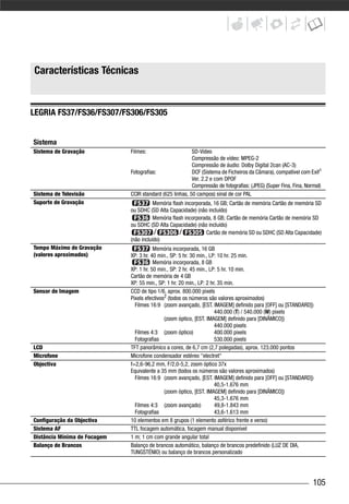 Características Técnicas


LEGRIA FS37/FS36/FS307/FS306/FS305


Sistema
Sistema de Gravação           Filmes:                     SD-Video
                                                          Compressão de vídeo: MPEG-2
                                                          Compressão de áudio: Dolby Digital 2can (AC-3)
                              Fotografias:                DCF (Sistema de Ficheiros da Câmara), compatível com Exif1
                                                          Ver. 2.2 e com DPOF
                                                          Compressão de fotografias: (JPEG) (Super Fina, Fina, Normal)
Sistema de Televisão          CCIR standard (625 linhas, 50 campos) sinal de cor PAL
Suporte de Gravação                     Memória flash incorporada, 16 GB; Cartão de memória Cartão de memória SD
                              ou SDHC (SD Alta Capacidade) (não incluído)
                                        Memória flash incorporada, 8 GB; Cartão de memória Cartão de memória SD
                              ou SDHC (SD Alta Capacidade) (não incluído)
                                         /         /           Cartão de memória SD ou SDHC (SD Alta Capacidade)
                              (não incluído)
Tempo Máximo de Gravação                 Memória incorporada, 16 GB
(valores aproximados)         XP: 3 hr. 40 min., SP: 5 hr. 30 min., LP: 10 hr. 25 min.
                                         Memória incorporada, 8 GB
                              XP: 1 hr. 50 min., SP: 2 hr. 45 min., LP: 5 hr. 10 min.
                              Cartão de memória de 4 GB
                              XP: 55 min., SP: 1 hr. 20 min., LP: 2 hr. 35 min.
Sensor de Imagem              CCD de tipo 1/6, aprox. 800.000 pixels
                              Pixels efectivos2 (todos os números são valores aproximados)
                                Filmes 16:9 (zoom avançado, [EST. IMAGEM] definido para [OFF] ou [STANDARD])
                                                                      440.000 (T) / 540.000 (W) pixels
                                              (zoom óptico, [EST. IMAGEM] definido para [DINÂMICO])
                                                                      440.000 pixels
                                Filmes 4:3 (zoom óptico)              400.000 pixels
                                Fotografias                           530.000 pixels
LCD                           TFT panorâmico a cores, de 6,7 cm (2,7 polegadas), aprox. 123.000 pontos
Microfone                     Microfone condensador estéreo "electret"
Objectiva                     f=2,6-96,2 mm, F/2,0-5,2, zoom óptico 37x
                              Equivalente a 35 mm (todos os números são valores aproximados)
                                Filmes 16:9 (zoom avançado, [EST. IMAGEM] definido para [OFF] ou [STANDARD])
                                                                      40,5-1.676 mm
                                              (zoom óptico, [EST. IMAGEM] definido para [DINÂMICO])
                                                                      45,3-1.676 mm
                                Filmes 4:3 (zoom avançado)            49,8-1.843 mm
                                Fotografias                           43,6-1.613 mm
Configuração da Objectiva     10 elementos em 8 grupos (1 elemento asférico frente e verso)
Sistema AF                    TTL focagem automática, focagem manual disponível
Distância Mínima de Focagem   1 m; 1 cm com grande angular total
Balanço de Brancos            Balanço de brancos automático, balanço de brancos predefinido (LUZ DE DIA,
                              TUNGSTÉNIO) ou balanço de brancos personalizado




                                                                                                                  105
 