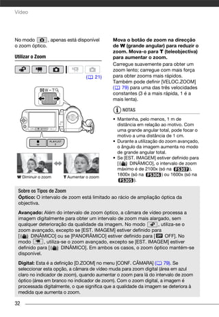 Vídeo




No modo        , apenas está disponível     Mova o botão de zoom na direcção
o zoom óptico.                              de W (grande angular) para reduzir o
                                            zoom. Mova-o para T (teleobjectiva)
Utilizar o Zoom                             para aumentar o zoom.
                                            Carregue suavemente para obter um
                                            zoom lento; carregue com mais força
                                (    21)    para obter zooms mais rápidos.
                                            Também pode definir [VELOC.ZOOM]
                                            (   79) para uma das três velocidades
                                            constantes (3 é a mais rápida, 1 é a
                                            mais lenta).

                                                 NOTAS
                                            • Mantenha, pelo menos, 1 m de
                                              distância em relação ao motivo. Com
                                              uma grande angular total, pode focar o
                                              motivo a uma distância de 1 cm.
                                            • Durante a utilização do zoom avançado,
                                              o ângulo da imagem aumenta no modo
                                              de grande angular total.
                                            • Se [EST. IMAGEM] estiver definido para
                                              [     DINÂMICO], o intervalo de zoom
                                              máximo é de 2100x (só na            ),
                                              1800x (só na          ) ou 1600x (só na
 W Diminuir o zoom    T Aumentar o zoom
                                                      ).

 Sobre os Tipos de Zoom
 Óptico: O intervalo de zoom está limitado ao rácio de ampliação óptica da
 objectiva.
 Avançado: Além do intervalo de zoom óptico, a câmara de vídeo processa a
 imagem digitalmente para obter um intervalo de zoom mais alargado, sem
 qualquer deterioração da qualidade da imagem. No modo         , utiliza-se o
 zoom avançado, excepto se [EST. IMAGEM] estiver definido para
 [     DINÂMICO] ou se [PANORÂMICO] estiver definido para [        OFF]. No
 modo        , utiliza-se o zoom avançado, excepto se [EST. IMAGEM] estiver
 definido para [       DINÂMICO]. Em ambos os casos, o zoom óptico mantém-se
 disponível.
 Digital: Esta é a definição [D.ZOOM] no menu [CONF. CÂMARA] (       79). Se
 seleccionar esta opção, a câmara de vídeo muda para zoom digital (área em azul
 claro no indicador de zoom), quando aumentar o zoom para lá do intervalo de zoom
 óptico (área em branco no indicador de zoom). Com o zoom digital, a imagem é
 processada digitalmente, o que significa que a qualidade da imagem se deteriora à
 medida que aumenta o zoom.

32
 