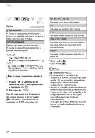 Vídeo




                                                   1/2*, 1/3*, 1/6, 1/12, 1/25
                                       (     21)   Para gravar em locais pouco iluminados.

Opções                                             1/50
                               Valor predefinido
                                                   Para gravar nas condições mais normais.
[     PROGRAMA AE]
                                                   1/120
A câmara de vídeo ajusta automaticamente a
abertura e a velocidade do obturador de forma a    Para gravar eventos desportivos num pavilhão.
obter a exposição ideal do motivo.                 1/250, 1/500, 1/1000**
[      PRIO.OBTURAD.AE]                            Para gravar a partir de um carro ou comboio ou
Defina o valor da velocidade do obturador.         para gravar motivos em movimento, como
A câmara de vídeo define automaticamente o         montanhas-russas.
valor de abertura adequado.                        1/2000**

FUNC.                                              Para gravar eventos desportivos ao ar livre em
                                                   dias de sol.
     [ PROGRAMA AE]
     Programa de gravação pretendido*              * Só no modo          .
FUNC.                                              **Só no modo          .
* Se seleccionar [  PRIO.OBTURAD. AE],
  não carregue em FUNC. e continue com o               NOTAS
  procedimento seguinte.
                                                   [    PRIO.OBTURAD.AE]
                                                   - Quando definir a velocidade do
    PARA DEFINIR A VELOCIDADE DO OBTURADOR
                                                     obturador, o número visualizado pisca se
                                                     o valor não for apropriado às condições
1 Regule (   ) a velocidade do                       da gravação. Se isso acontecer,
  obturador para o valor pretendido                  seleccione um valor diferente.
  e carregue em      .                             - Se utilizar uma velocidade do obturador
2 Carregue em FUNC. .                                lenta em locais escuros, pode obter uma
                                                     imagem mais clara, mas a qualidade da
Directrizes de velocidade do obturador               imagem pode diminuir e a focagem
No ecrã só aparece o denominador –                   automática pode não funcionar
[   250] indica uma velocidade do                    correctamente.
obturador de 1/250 segundos, etc.                  - A imagem pode ficar distorcida quando
                                                     gravar com velocidades de obturador
                                                     superiores.




42
 