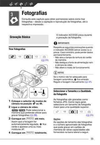 Fotografias
              Consulte este capítulo para obter pormenores sobre como tirar
              fotografias – desde a captação e reprodução de fotografias, até à
              respectiva impressão.



                                                O indicador ACCESS pisca durante
 Gravação Básica                                a gravação da fotografia.

                                                 IMPORTANTE
                                             Respeite as seguintes precauções quando
Tirar Fotografias                            o indicador ACCESS estiver aceso ou a
                                             piscar. Caso contrário, pode perder dados
                                             permanentemente.
                                             - Não abra a tampa da ranhura do cartão
                                 (   21)       de memória.
                                             - Não desligue a fonte de alimentação nem
                                               a câmara de vídeo.
                                             - Não altere o modo de funcionamento.

                                                 NOTAS
                                             Se o motivo não for adequado para
                                             focagem automática,     fica amarelo.
                                             Regule a focagem manualmente (      47).



                                             Seleccionar o Tamanho e a Qualidade
                                             da Fotografia

                                             As fotografias são gravadas como
1   Coloque o selector de modos da           ficheiros JPG. Como regra geral,
    câmara na posição     ou .               seleccione um tamanho de fotografia
2   Ligue a câmara de vídeo.                 maior para uma qualidade superior.
           /       Pode seleccionar a
    memória que pretende utilizar para
    gravar fotografias (  28).                                                (    21)
3   Carregue em PHOTO até meio.              Opções
    Assim que a focagem for                  As opções de tamanho das fotografias
    automaticamente regulada,   fica         e o número aproximado de fotografias
    verde e aparece uma ou mais              que pode gravar em cartões de
    molduras AF.                             memória de várias capacidades são
4   Carregue em PHOTO totalmente.            fornecidos na barra lateral a seguir.

                                                                                   55
 
